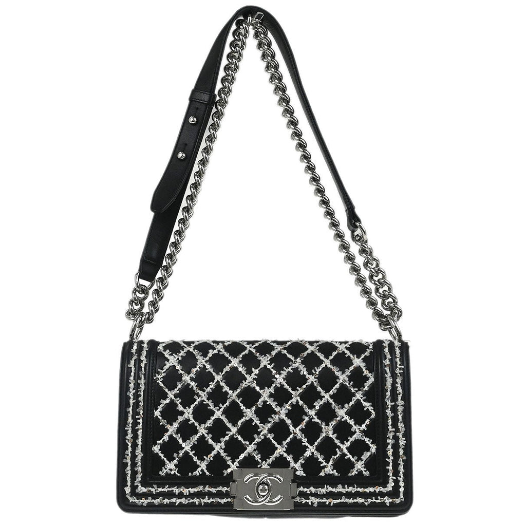 Chanel Boy Flap Bag Sequin Quilted Calfskin Black Leather Shoulder Bag Bag