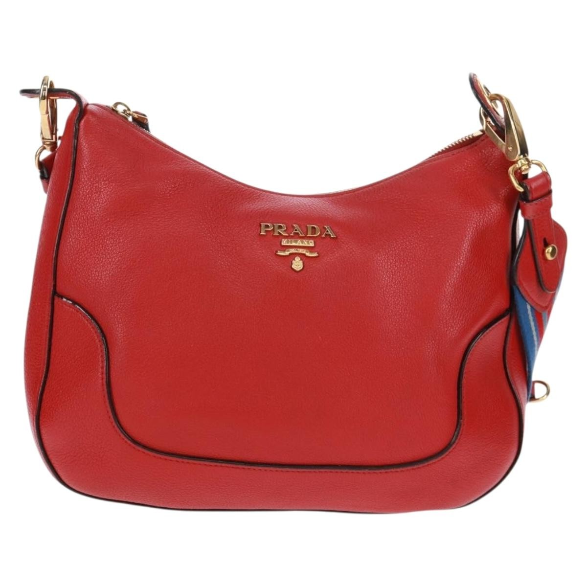 Prada Striped Strap Zip Hobo Vitello Daino Red Leather Shoulder Bag Bag