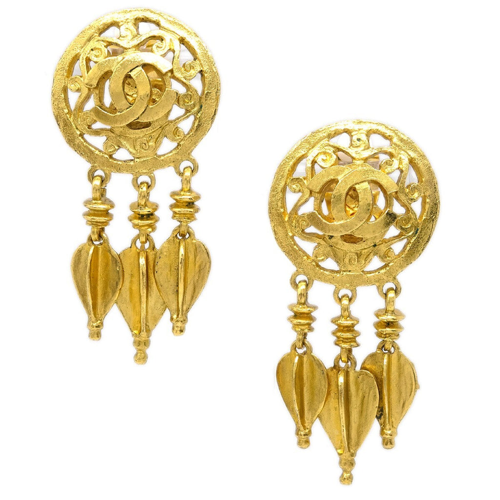 Chanel Vintage Cc Round Drop Clip-On Earrings Metal Gold Gold_Plated Earrings Jewelry