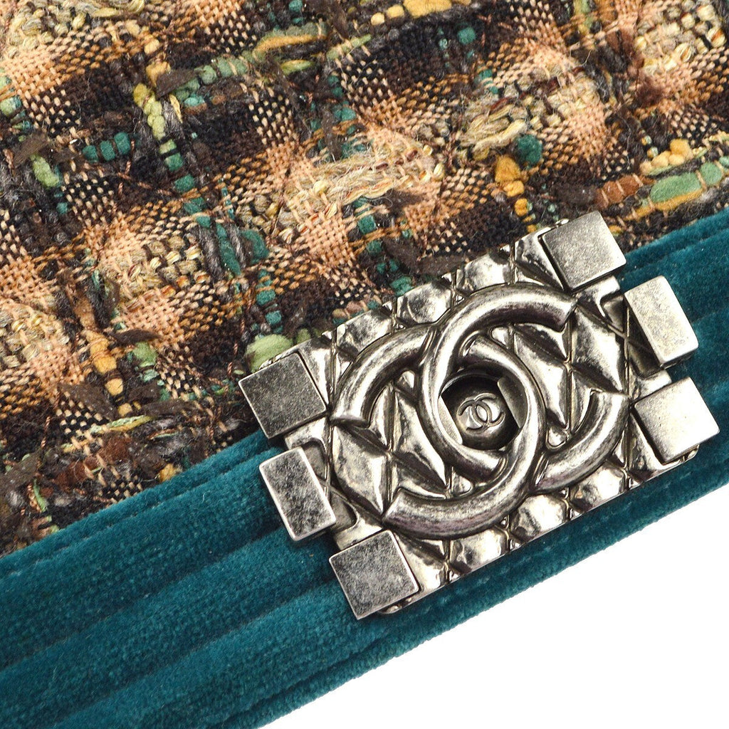 Chanel Boy Flap Bag Quilted Tweed With Velvet Blue Velvet Shoulder Bag Bag