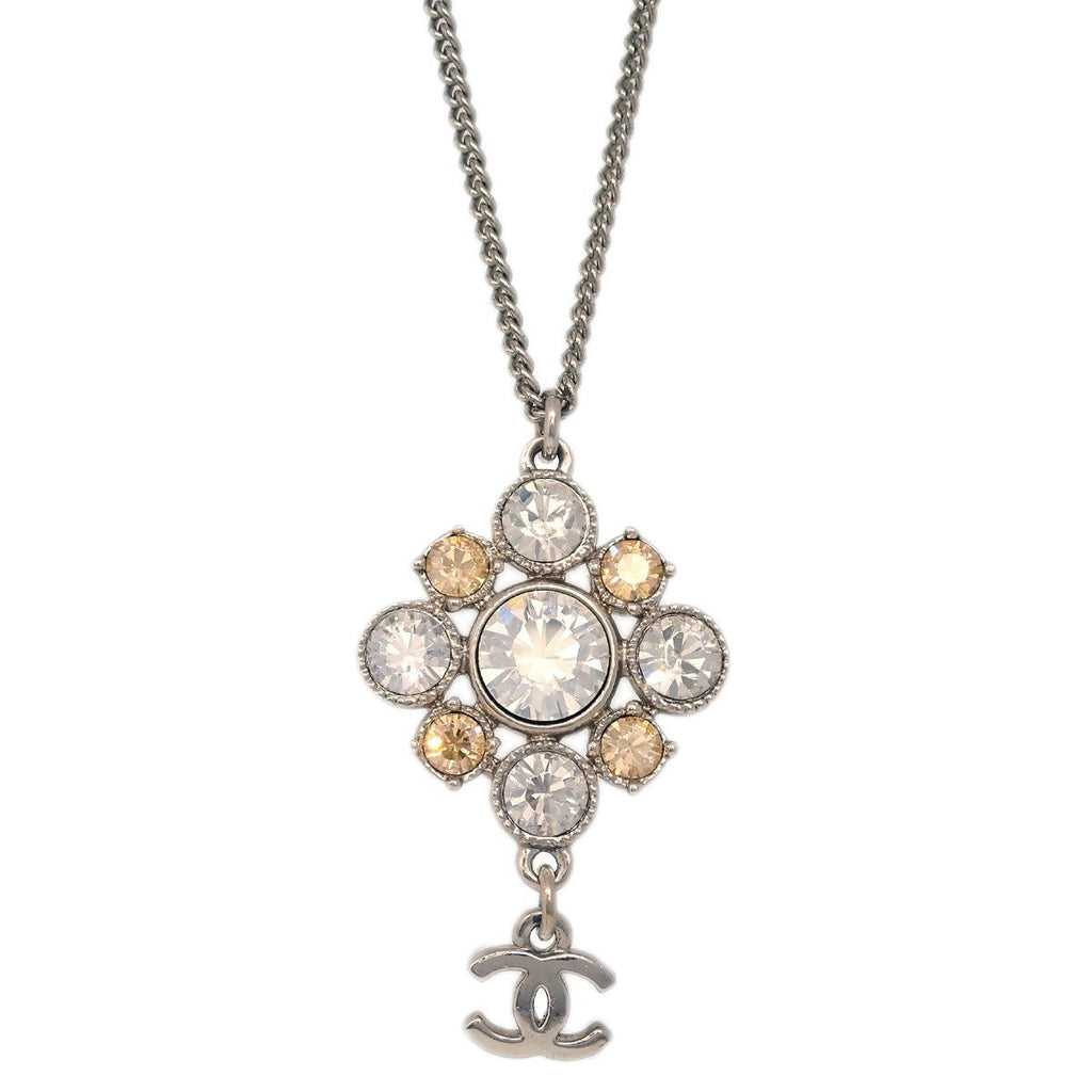 Chanel Cc Cluster Drop Pendant Necklace Metal With Crystals Silver Silver_Plated Necklace Jewelry