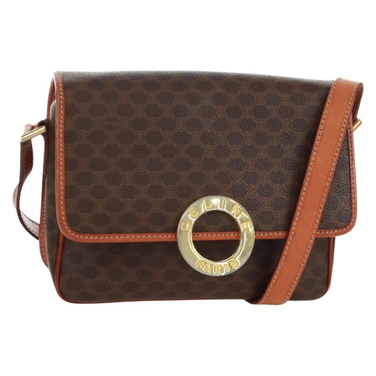 Celine Vintage Macadam Circle Logo Shoulder Bag Canvas And Leather Brown Canvas Shoulder Bag Bag