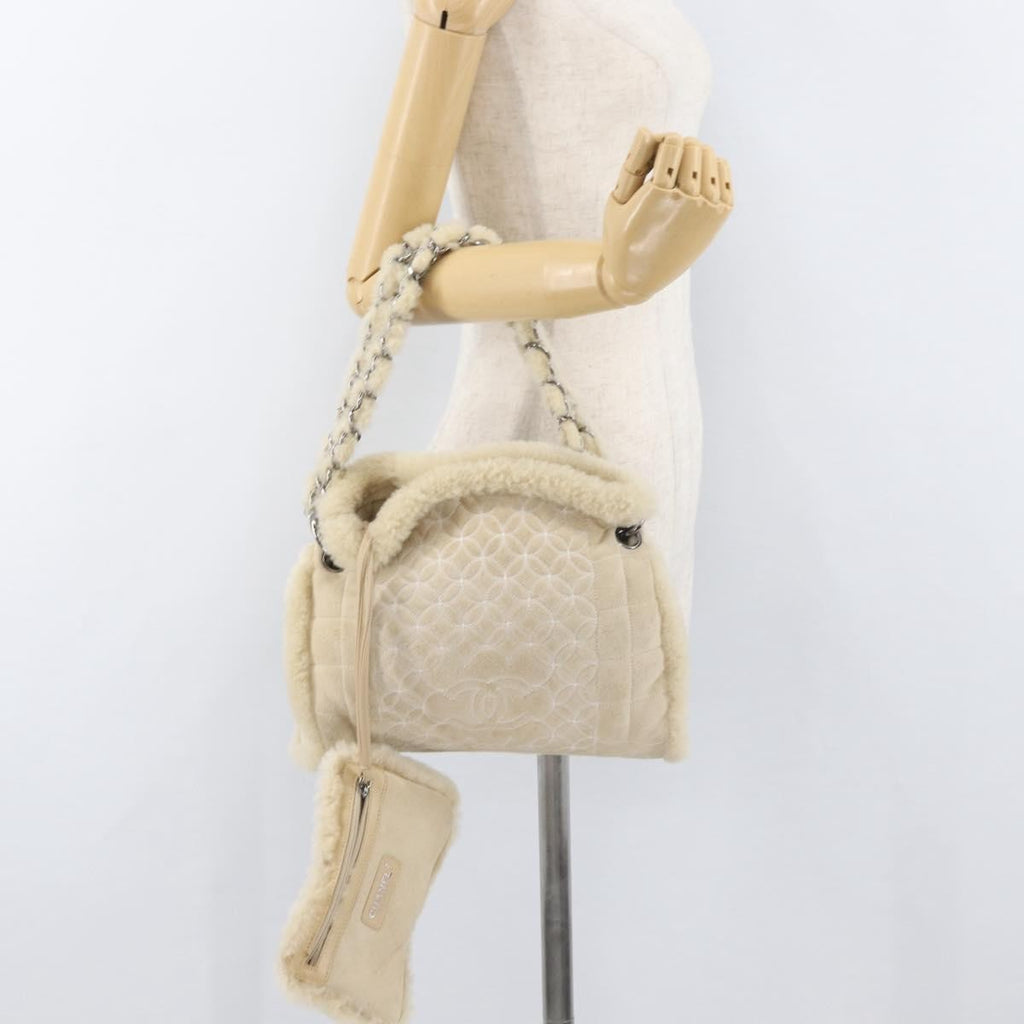 Chanel Vintage Embroidered Cc Chain Tote Quilted Suede And Shearling Silver Canvas Tote Bag Bag