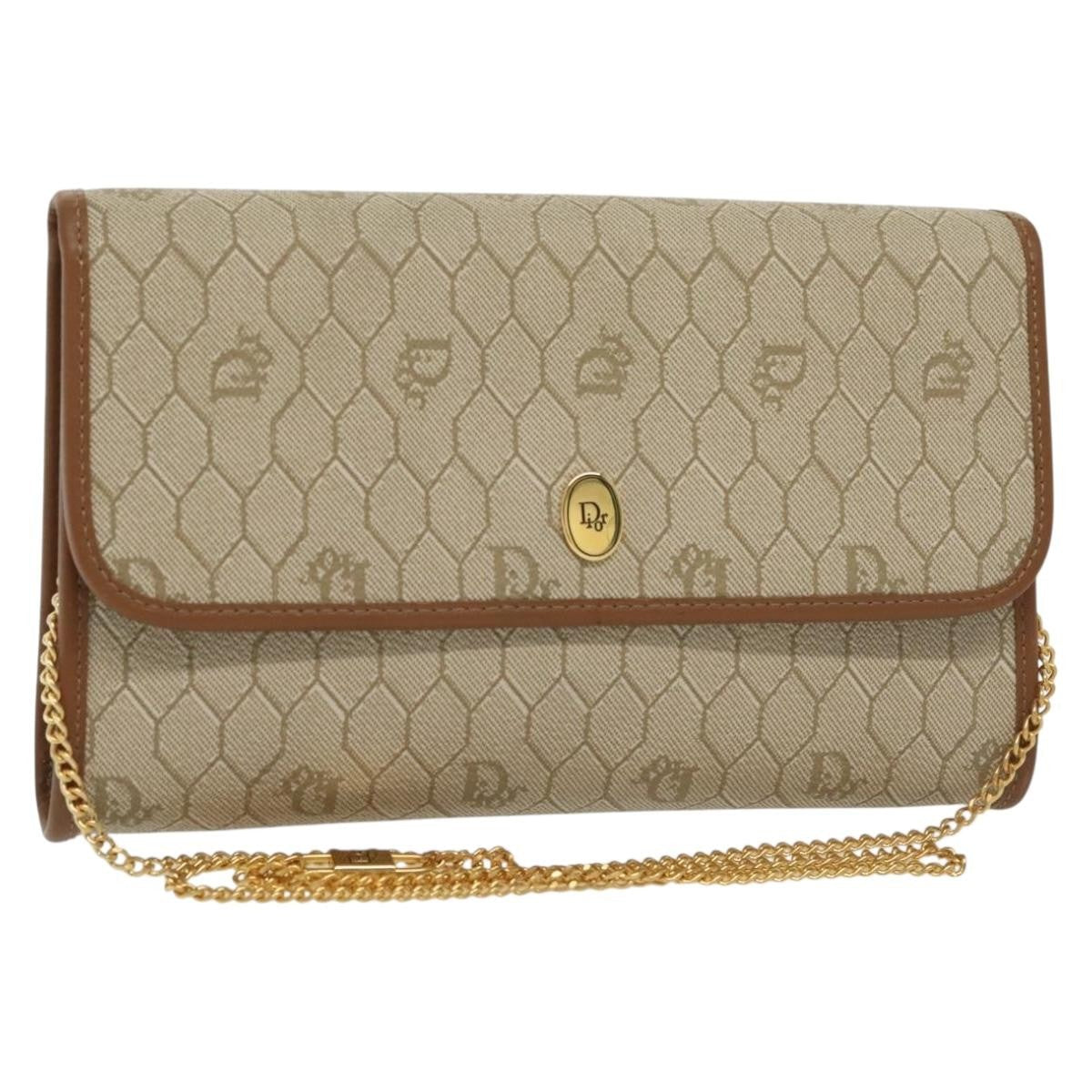 Christian Dior Vintage Honeycomb Chain Canvas Beige Canvas Bag (Pre-Owned)