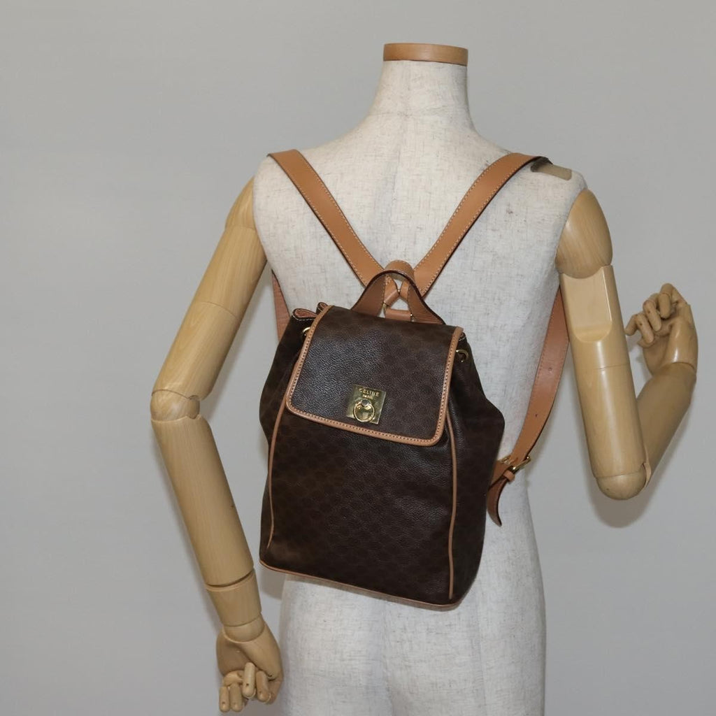Celine Vintage Drawstring Flap Backpack Macadam Coated Canvas Brown Canvas Backpack Bag