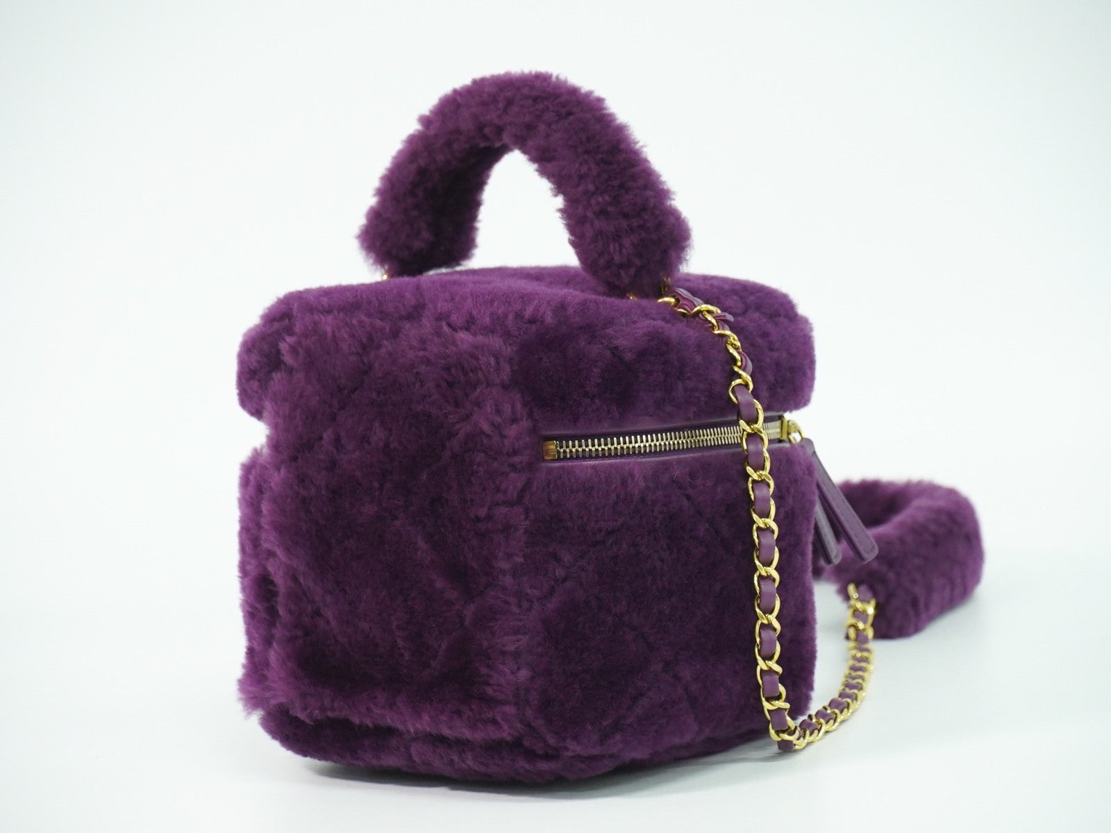 Chanel Coconing Top Handle Vanity Case With Chain Quilted Shearling Purple Faux_Fur Clutche & Pouche Bag