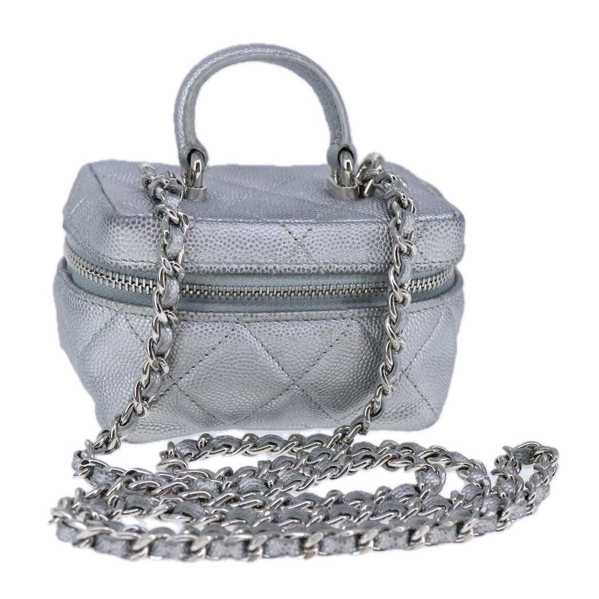 Chanel Classic Vanity Case With Chain Quilted Caviar Silver Leather Shoulder Bag Bag