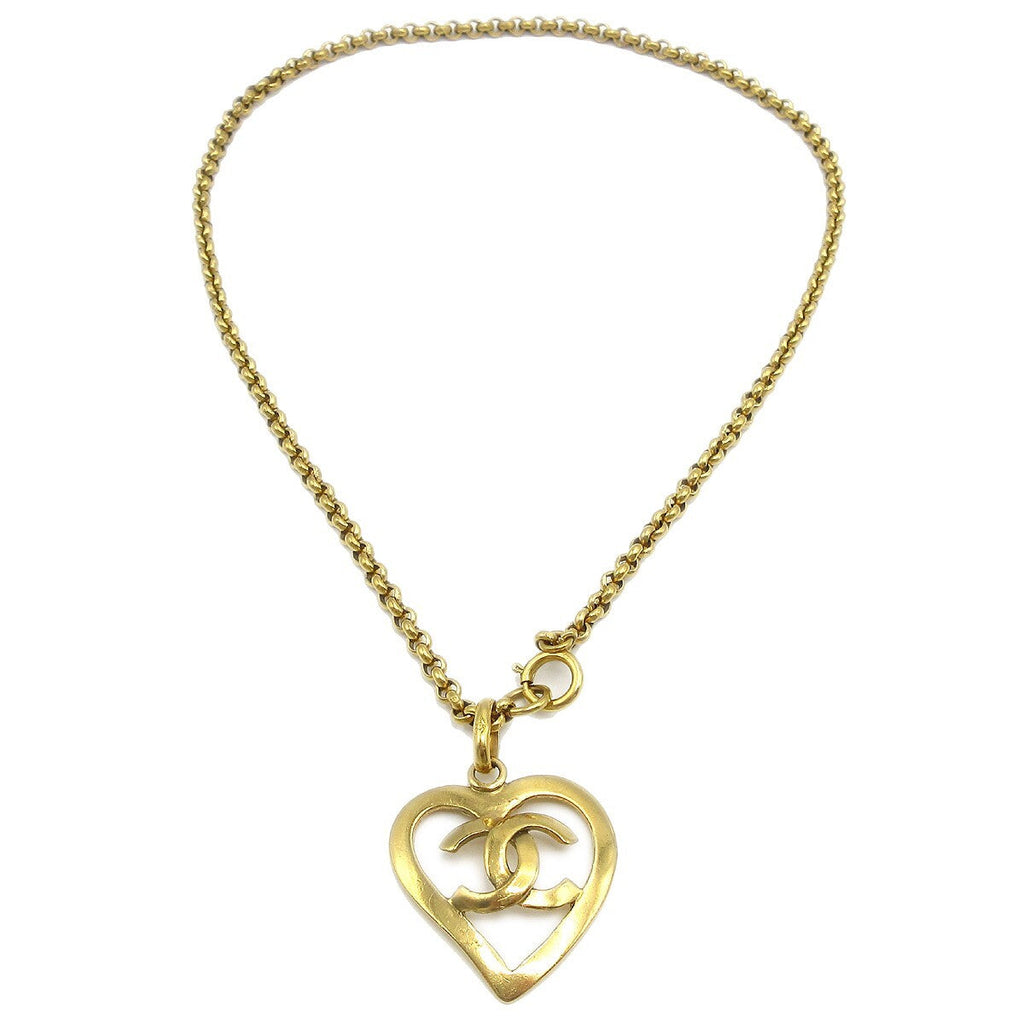 Chanel Cc Heart Pendant Necklace Metal Gold Gold_Plated Necklace Jewelry