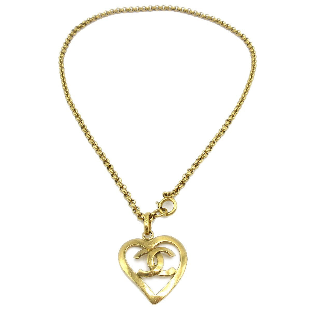 Chanel Cc Heart Pendant Necklace Metal Gold Gold_Plated Necklace Jewelry