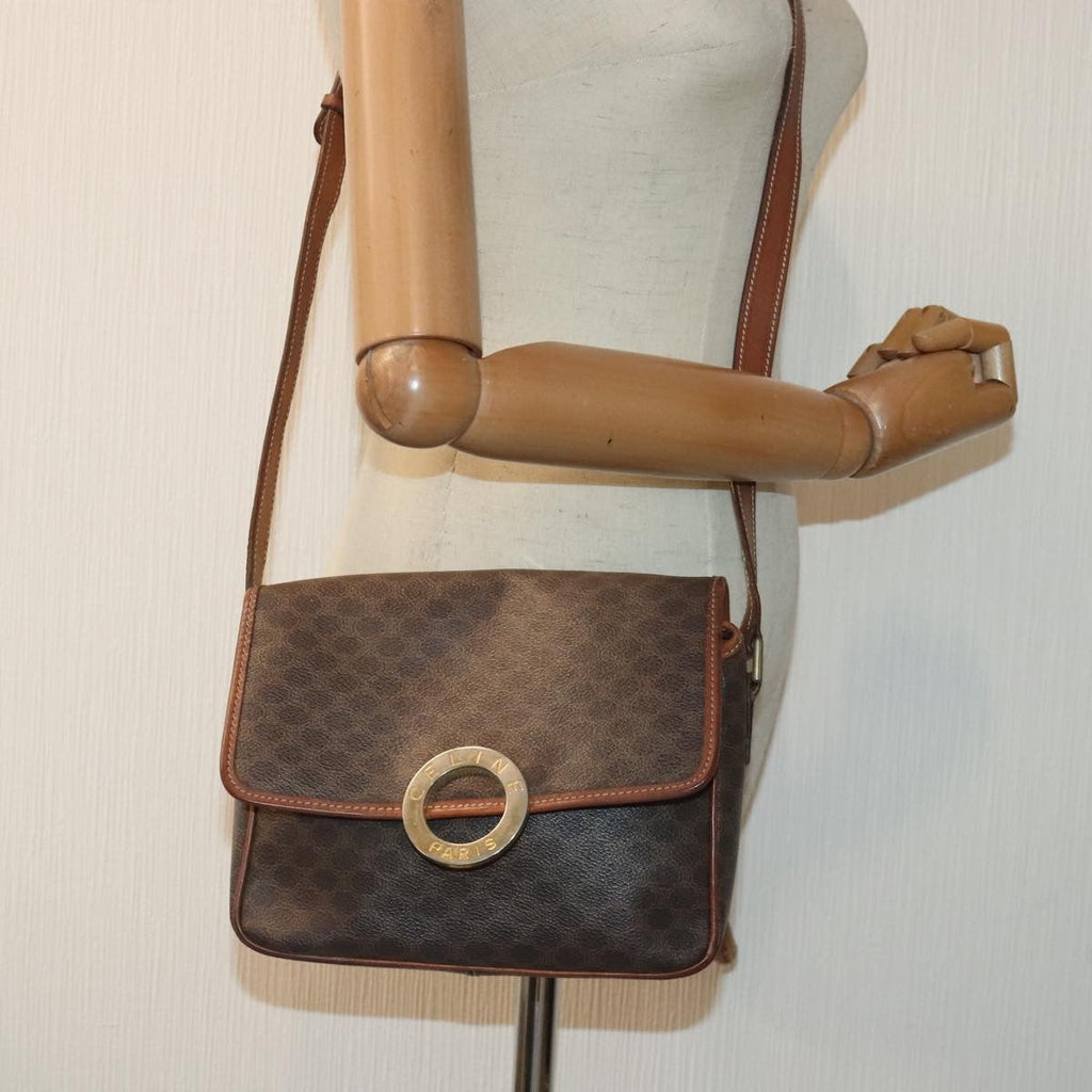 Celine Vintage Macadam Circle Logo Shoulder Bag Canvas And Leather Brown Canvas Shoulder Bag Bag