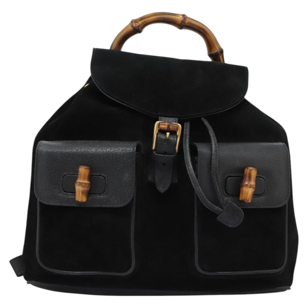 Gucci Vintage Bamboo Backpack Suede And Leather Black Suede Backpack Bag (Pre-Owned)