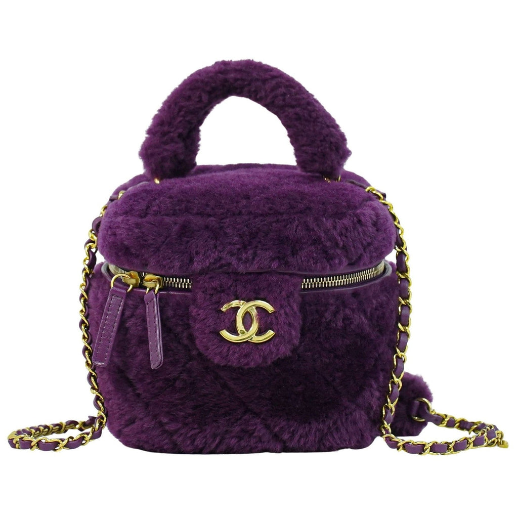 Chanel Coconing Top Handle Vanity Case With Chain Quilted Shearling Purple Faux_Fur Clutche & Pouche Bag