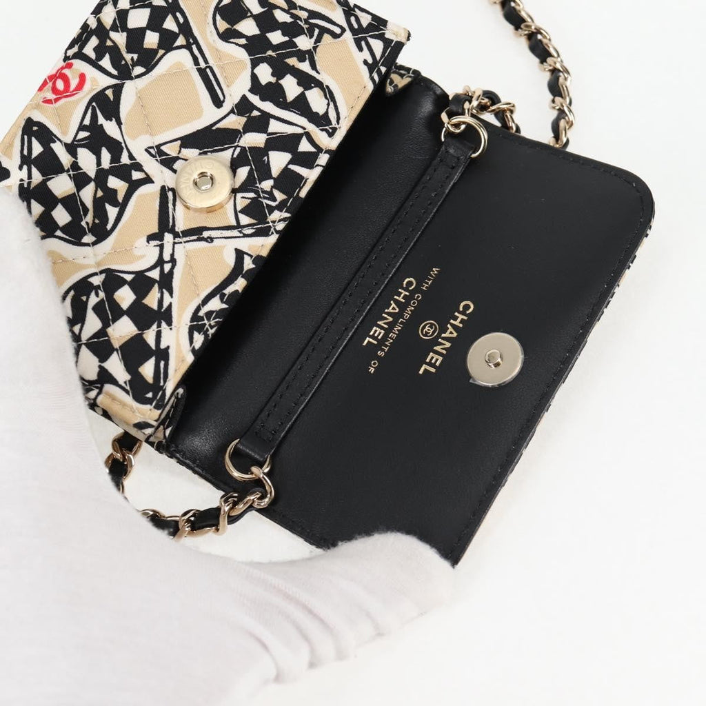 Chanel Flap Card Holder On Chain Quilted Printed Canvas Beige Nylon Shoulder Bag Bag