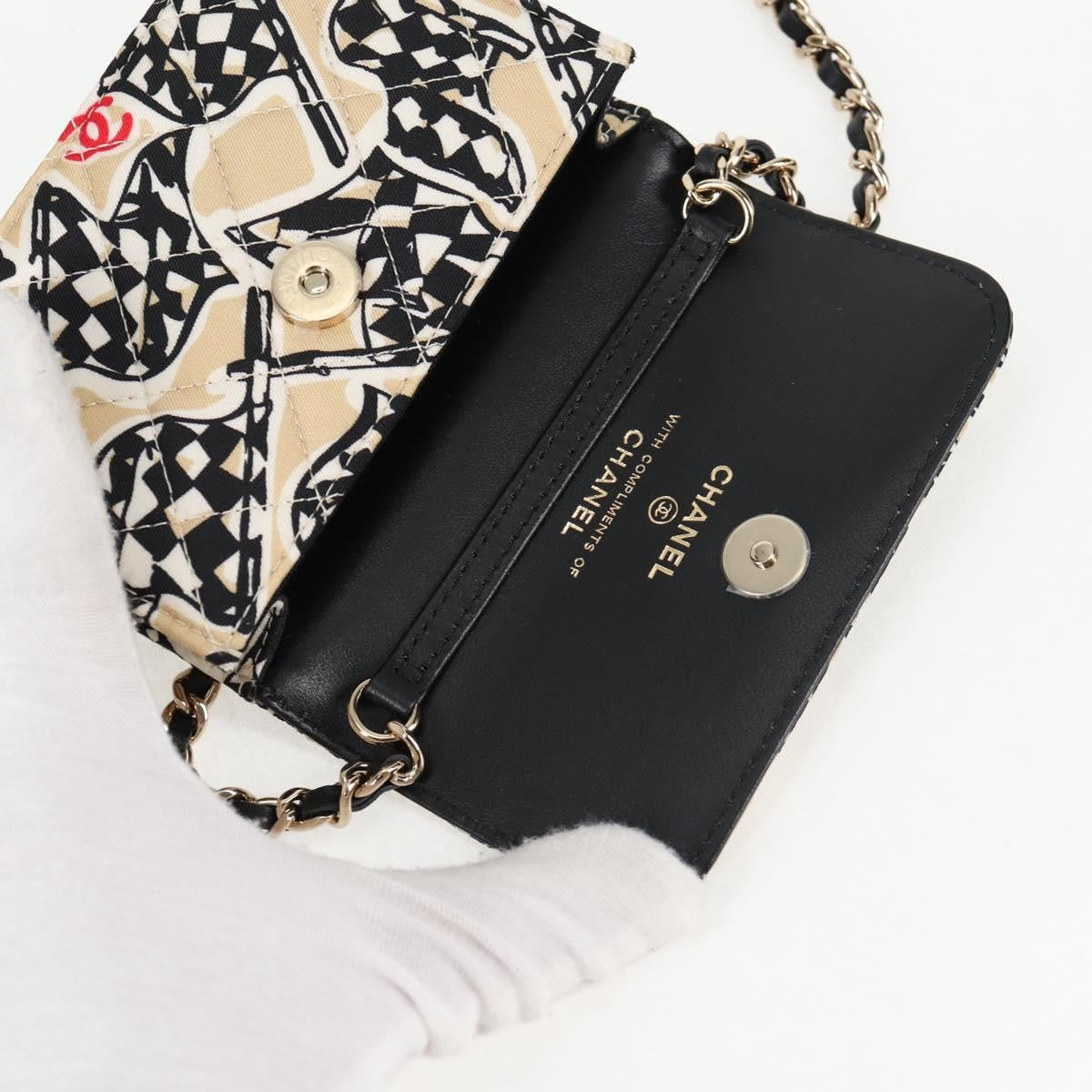 Chanel Flap Card Holder On Chain Quilted Printed Canvas Beige Nylon Shoulder Bag Bag