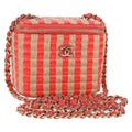 Chanel Classic Vanity Case With Chain Striped Raffia And Jute Red Canvas Shoulder Bag Bag