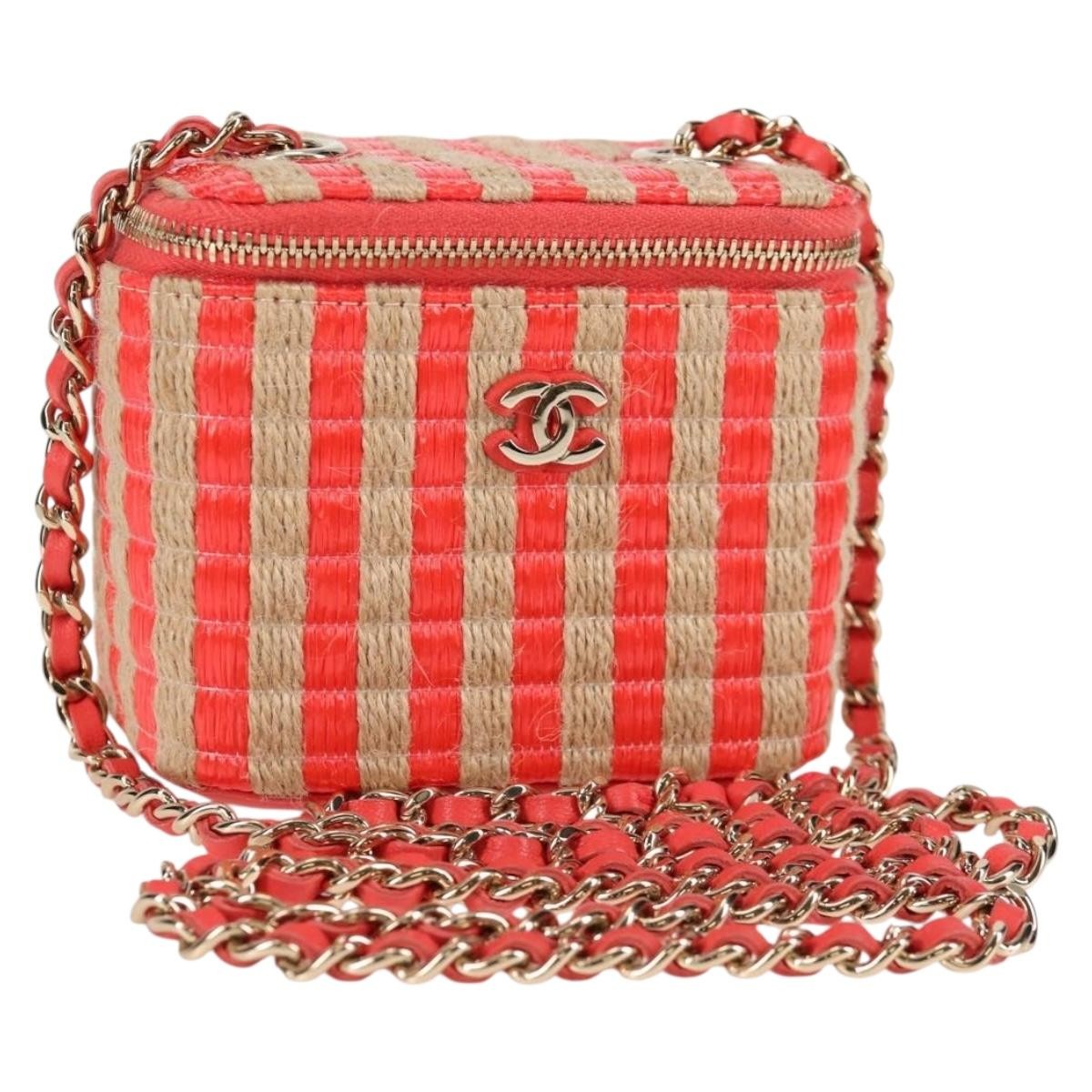 Chanel Classic Vanity Case With Chain Striped Raffia And Jute Red Canvas Shoulder Bag Bag