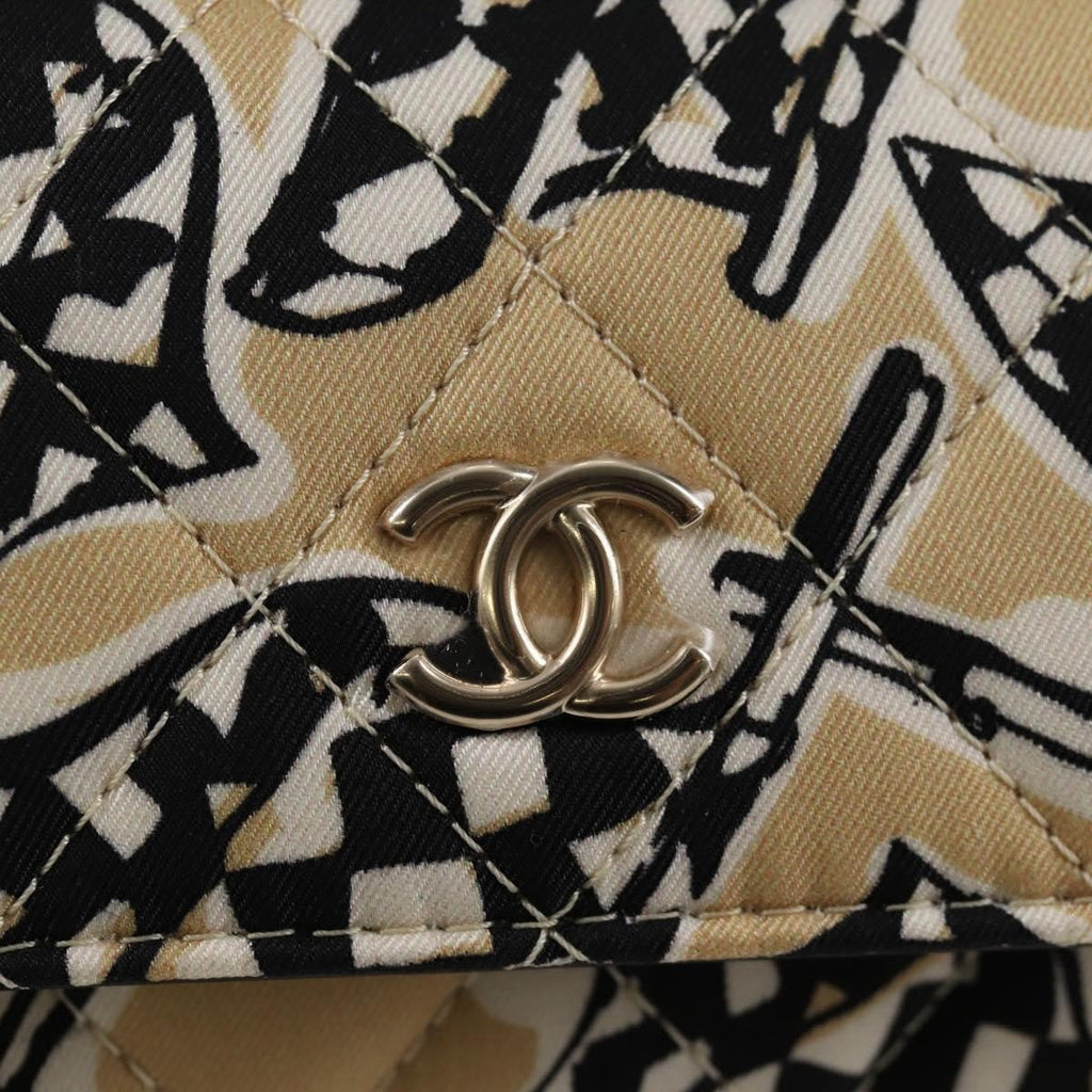 Chanel Flap Card Holder On Chain Quilted Printed Canvas Beige Nylon Shoulder Bag Bag