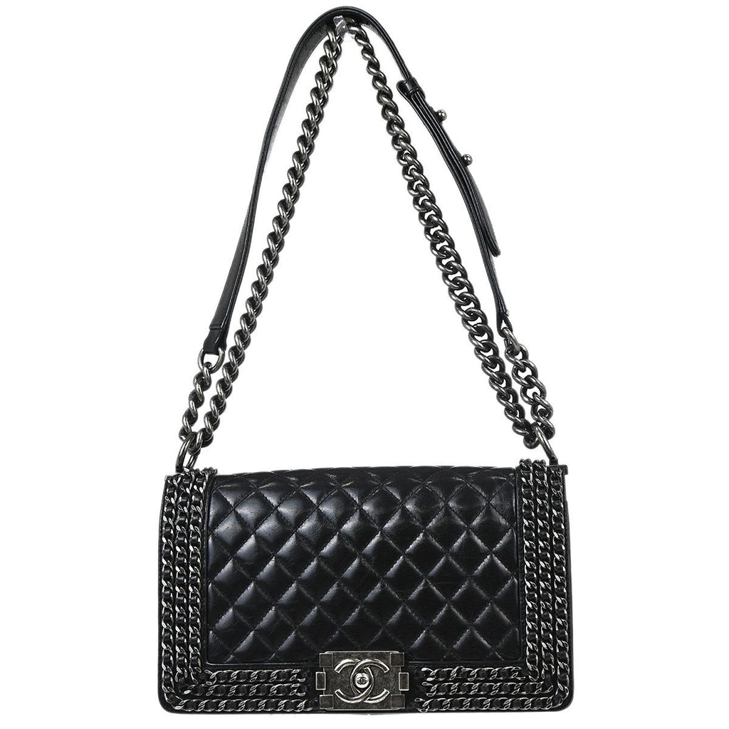 Chanel Boy Flap Bag Quilted Glazed Calfskin Black Leather Handbag