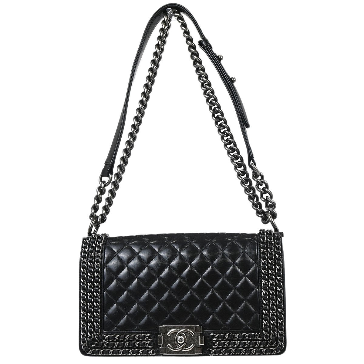 Chanel Boy Flap Bag Quilted Glazed Calfskin Black Leather Handbag