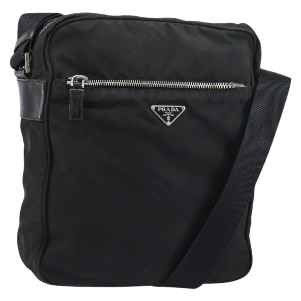 Prada Front Pocket Zip Messenger Bag Tessuto With Saffiano Leather Black Nylon Shoulder Bag Bag