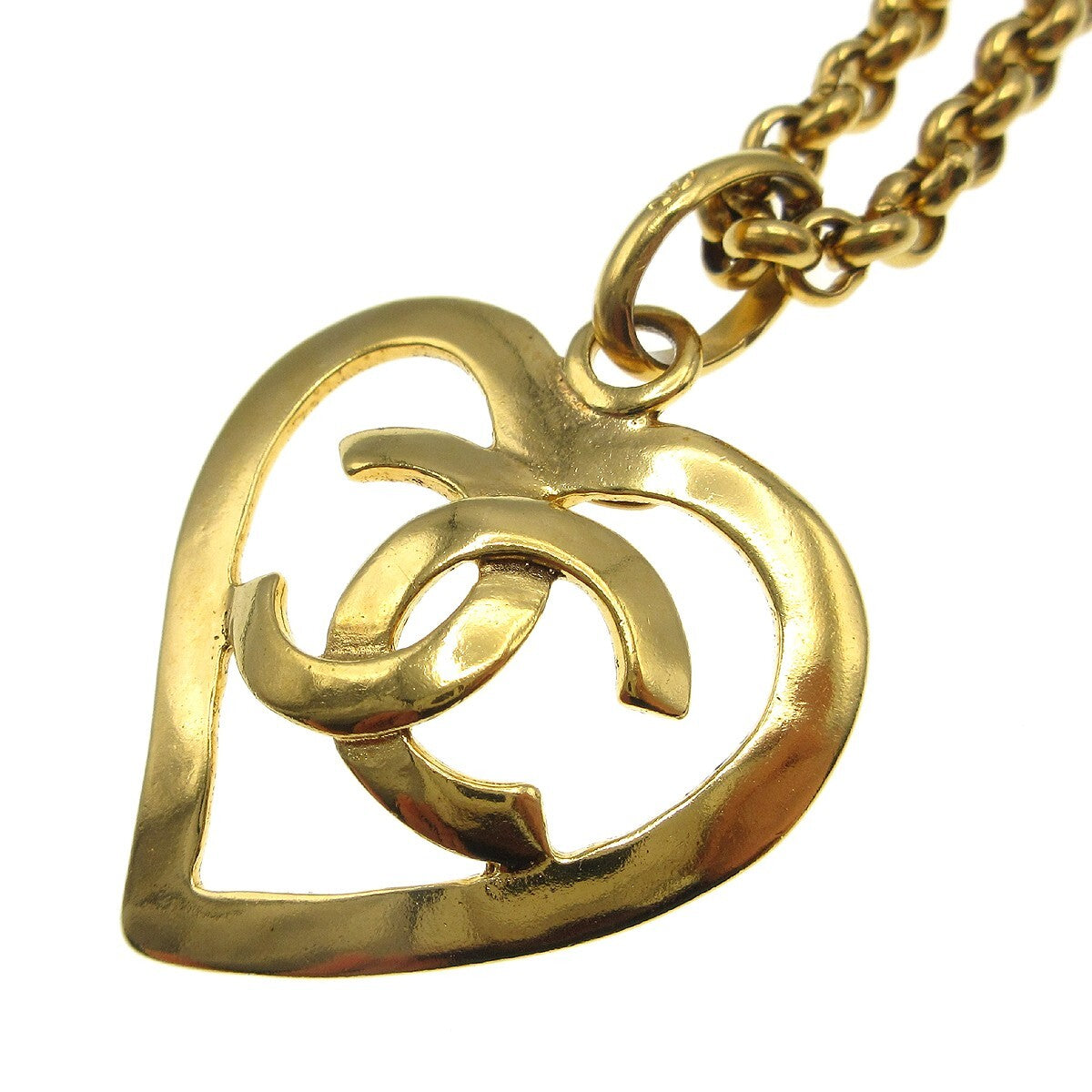 Chanel Cc Heart Pendant Necklace Metal Gold Gold_Plated Necklace Jewelry