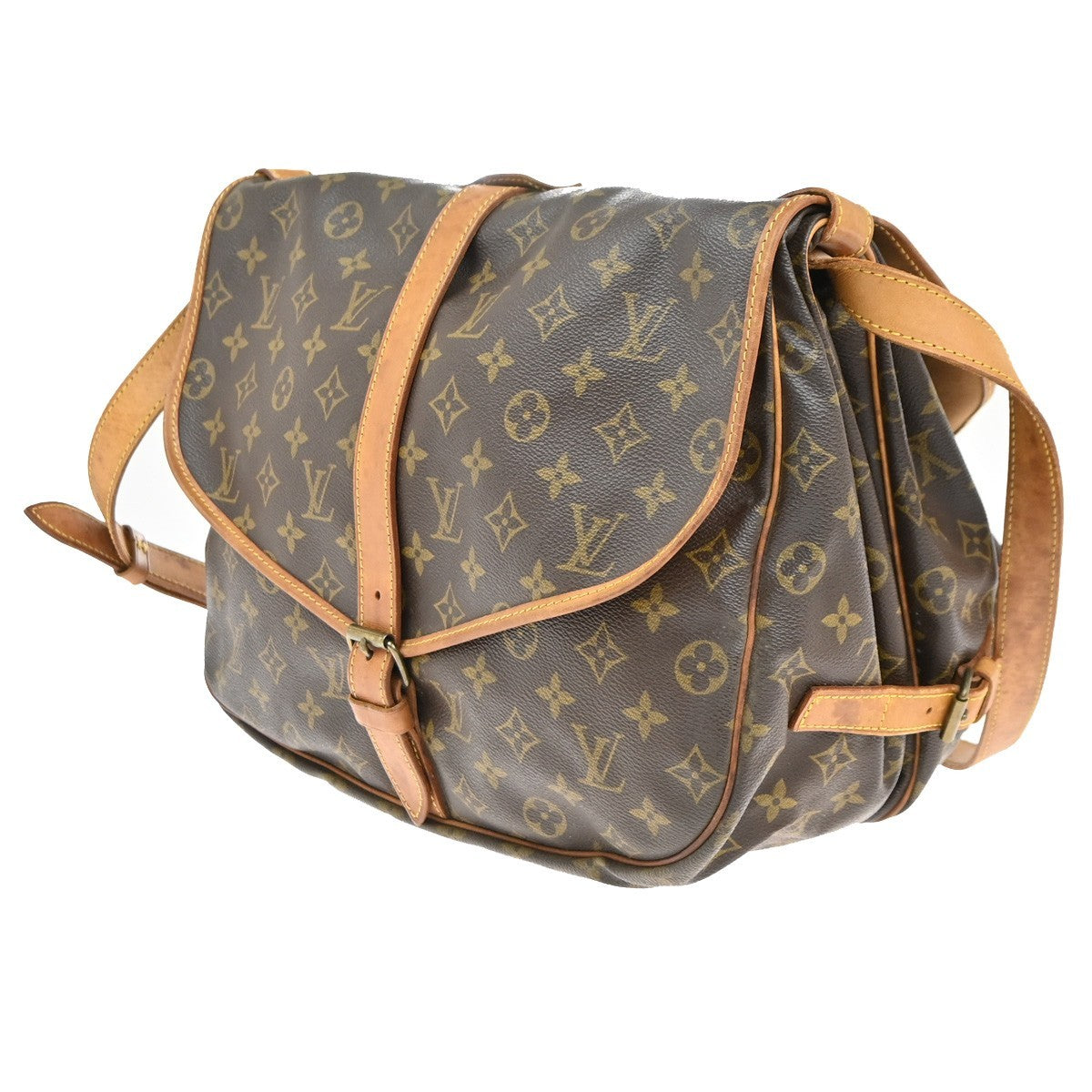 Louis Vuitton Saumur Handbag Monogram Canvas Brown Leather Shoulder Bag