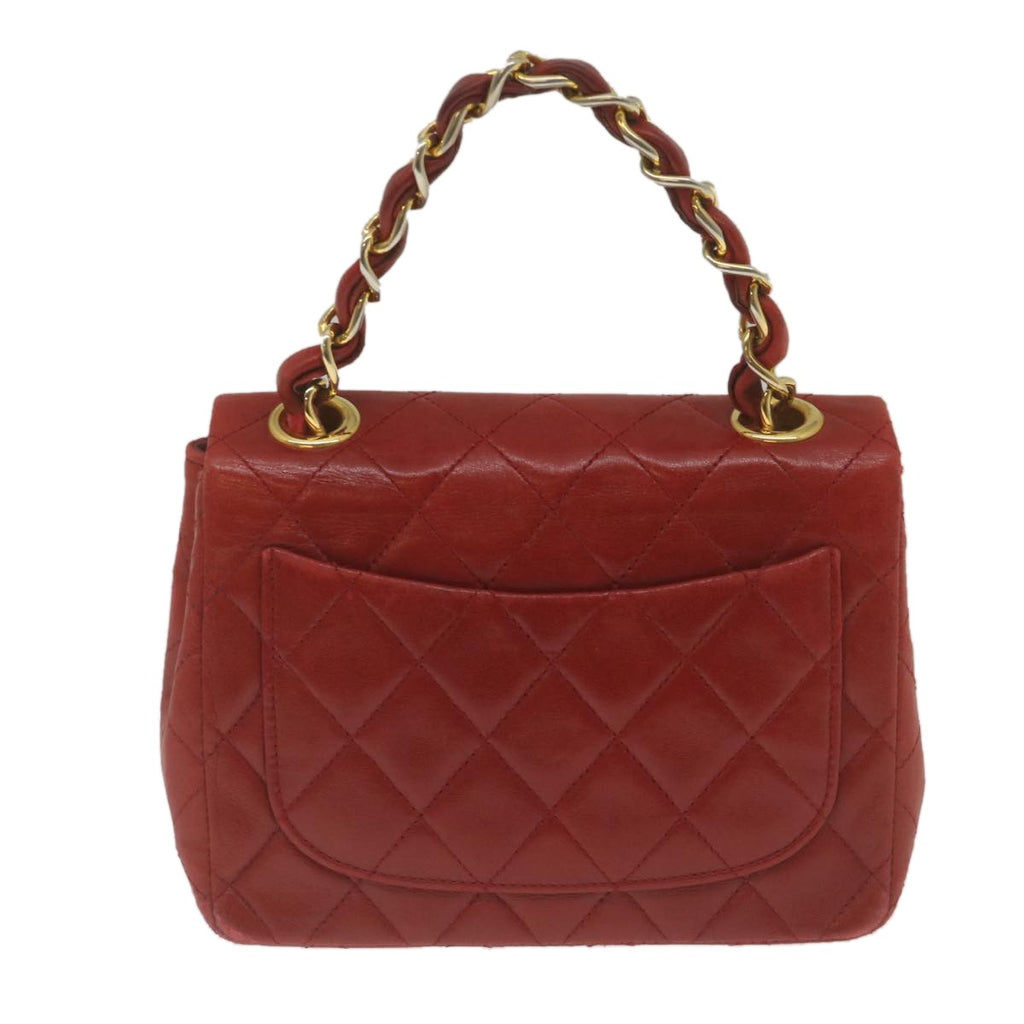 Chanel Vintage Square Chain Handle Flap Bag Quilted Lambskin Red Leather Handbag