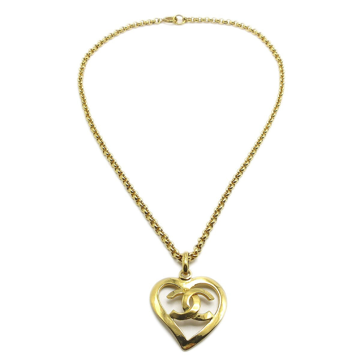 Chanel Cc Heart Pendant Necklace Metal Gold Gold_Plated Necklace Jewelry