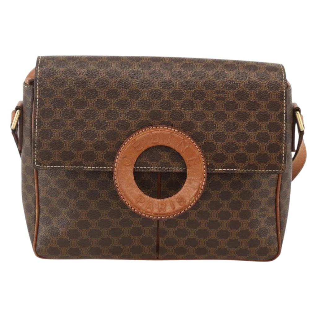 Celine Vintage Macadam Circle Logo Shoulder Bag Canvas And Leather Brown Canvas Shoulder Bag Bag