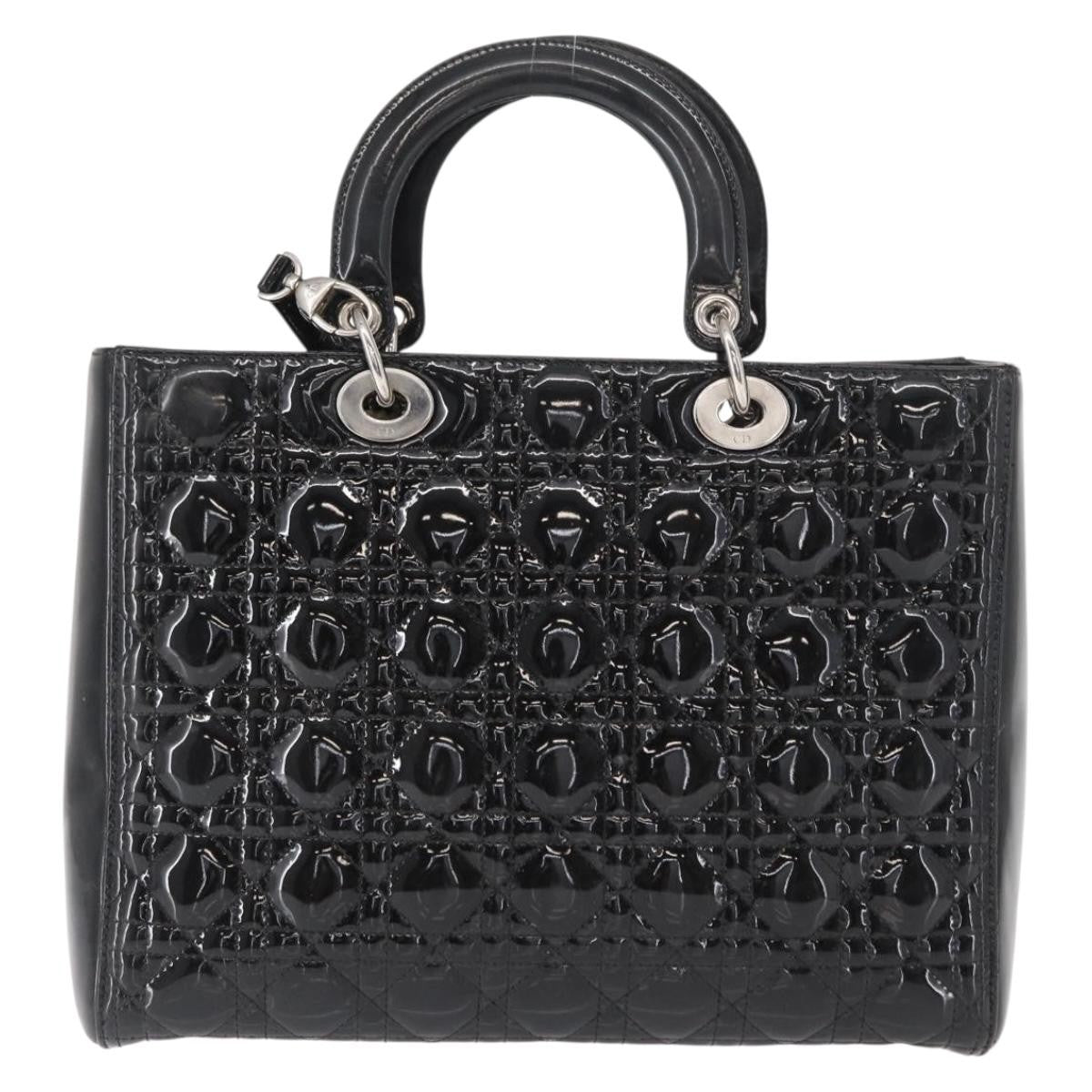 Christian Dior Lady Dior Bag Cannage Quilt Patent Black Patent_Leather Handbag (Pre-Owned)