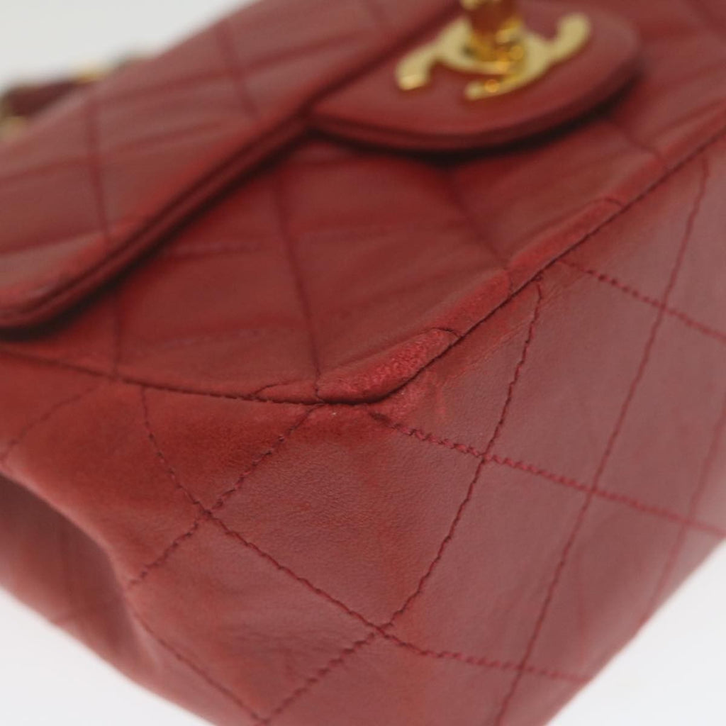 Chanel Vintage Square Chain Handle Flap Bag Quilted Lambskin Red Leather Handbag