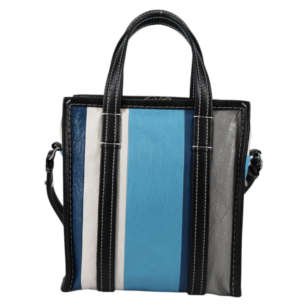 Balenciaga Bazar Convertible Tote Striped Leather Blue Leather Tote Bag