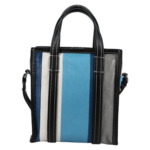 Balenciaga Bazar Convertible Tote Striped Leather Blue Leather Tote Bag
