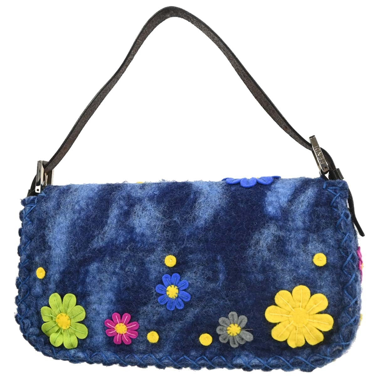 Fendi Baguette Bag Patent Blue Felt,Leather Handbag