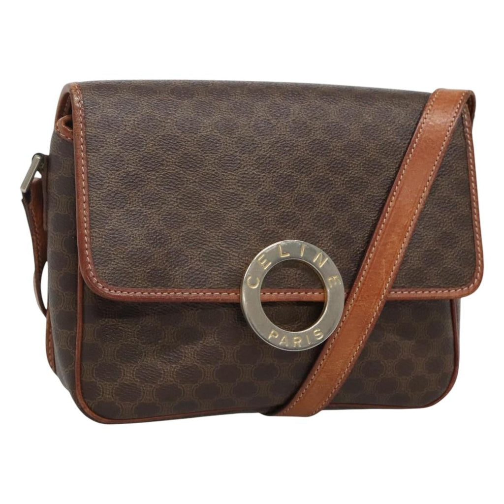 Celine Vintage Macadam Circle Logo Shoulder Bag Canvas And Leather Brown Canvas Shoulder Bag Bag