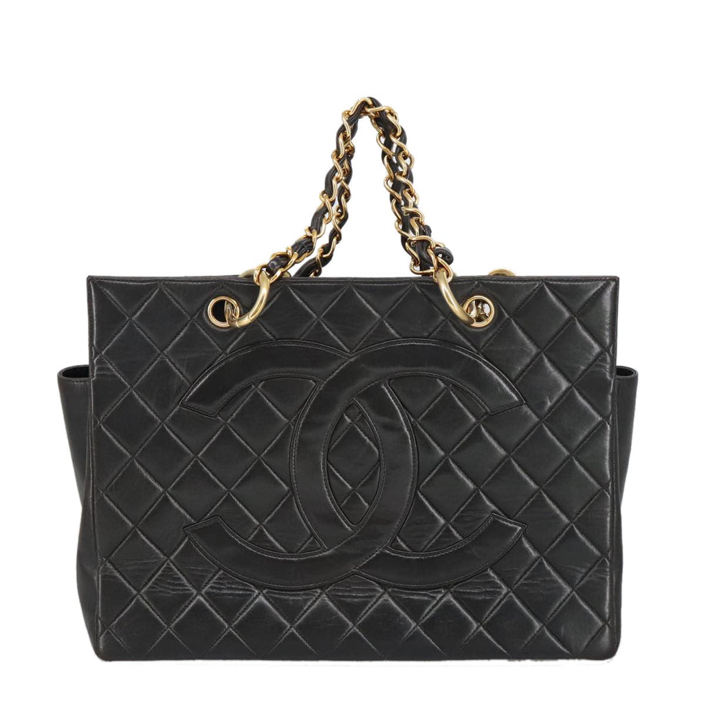 Chanel Vintage Grand Shopping Tote Quilted Lambskin Black Leather Tote Bag Bag