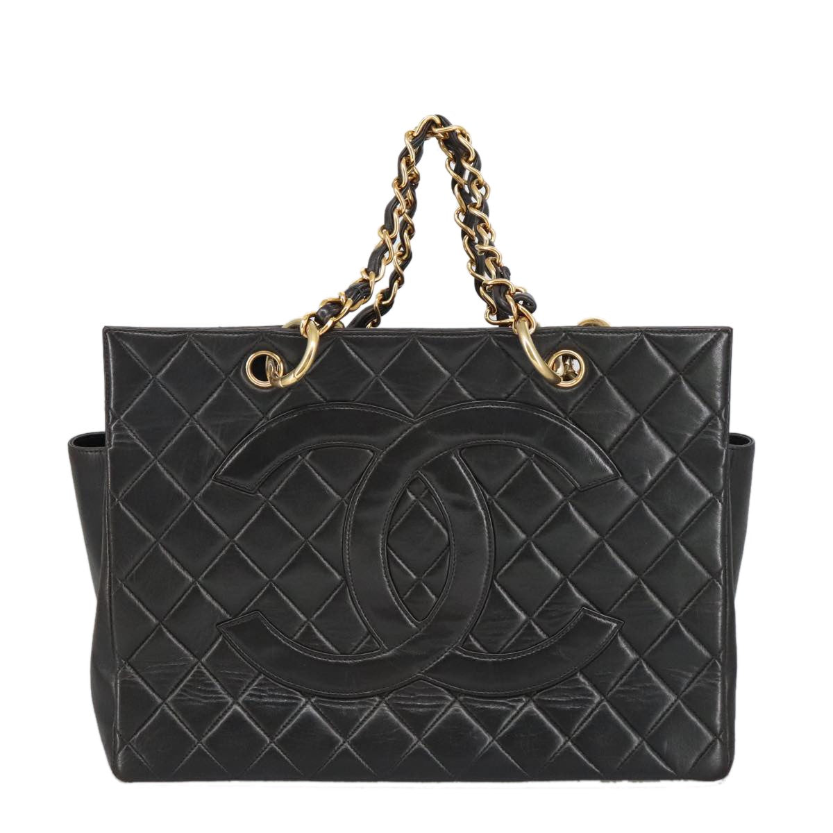 Chanel Vintage Grand Shopping Tote Quilted Lambskin Black Leather Tote Bag Bag