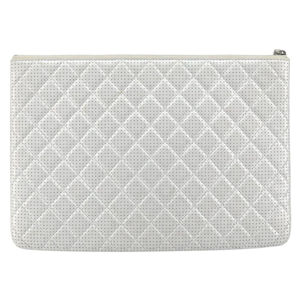 Chanel O Case Clutch Quilted Perforated Lambskin Silver Leather Clutche & Pouche Bag