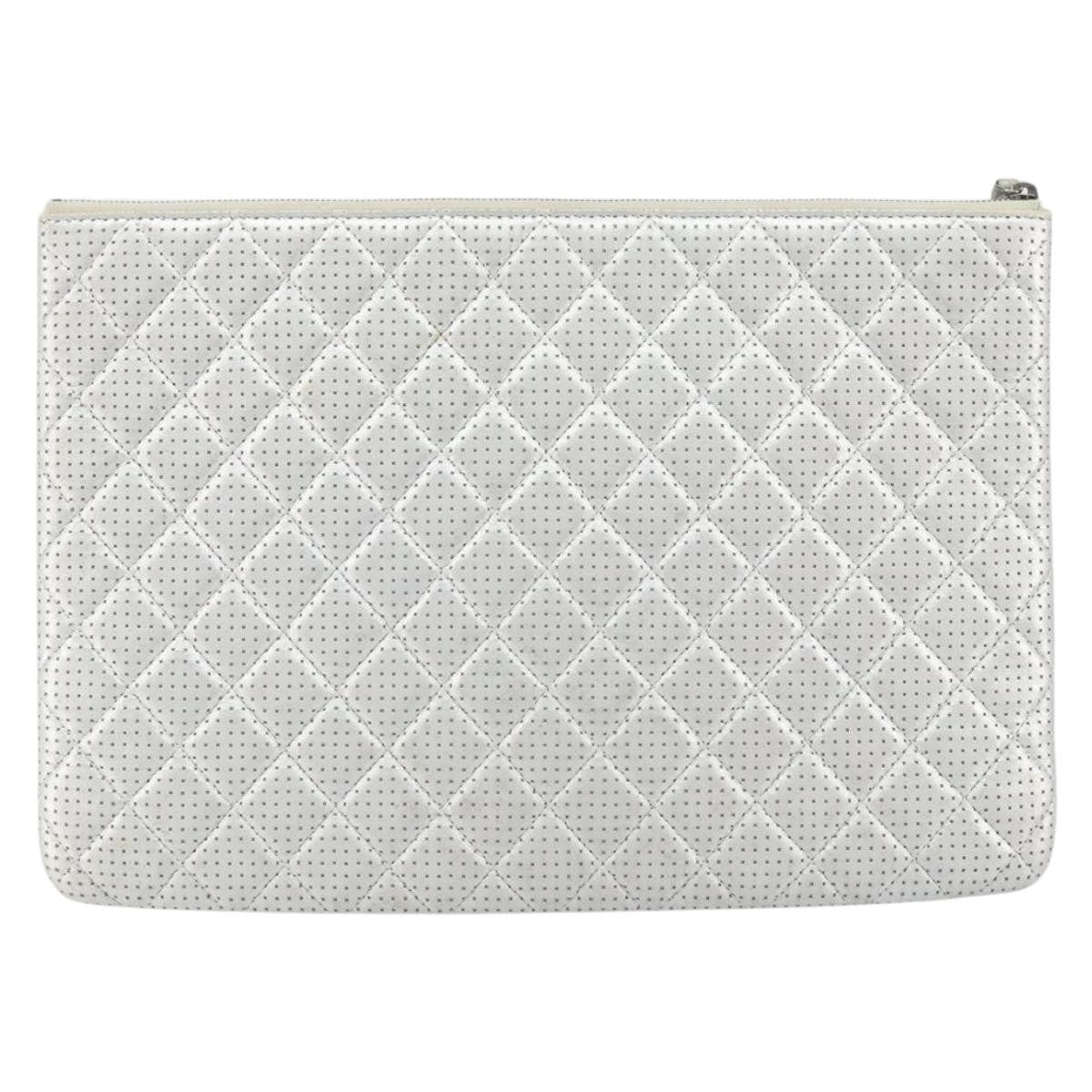 Chanel O Case Clutch Quilted Perforated Lambskin Silver Leather Clutche & Pouche Bag
