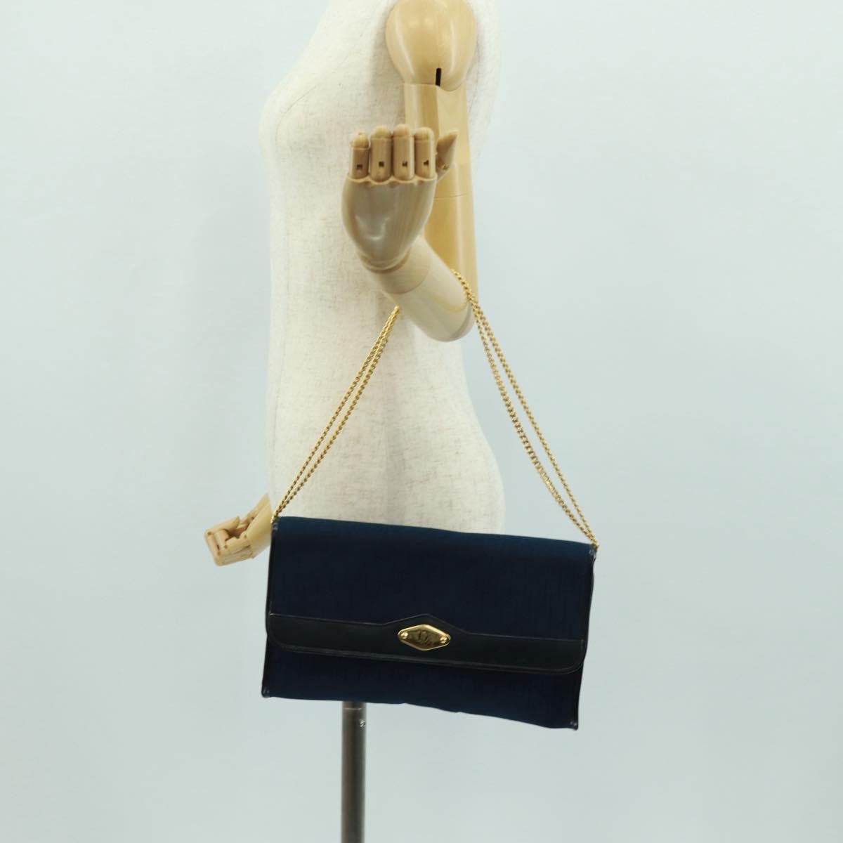 Christian Dior Vintage Chain Flap Shoulder Bag Diorissimo Canvas Navy Canvas Shoulder Bag Bag (Pre-Owned)