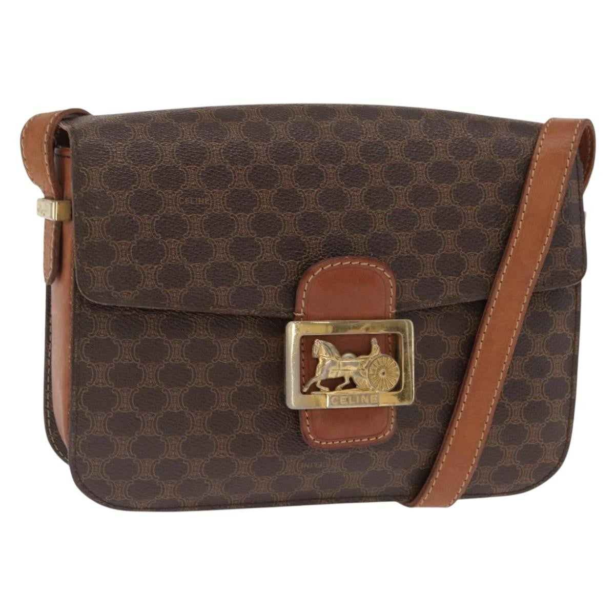 Celine Vintage Horse Carriage Macadam Shoulder Bag Canvas Brown Pvc Shoulder Bag Bag