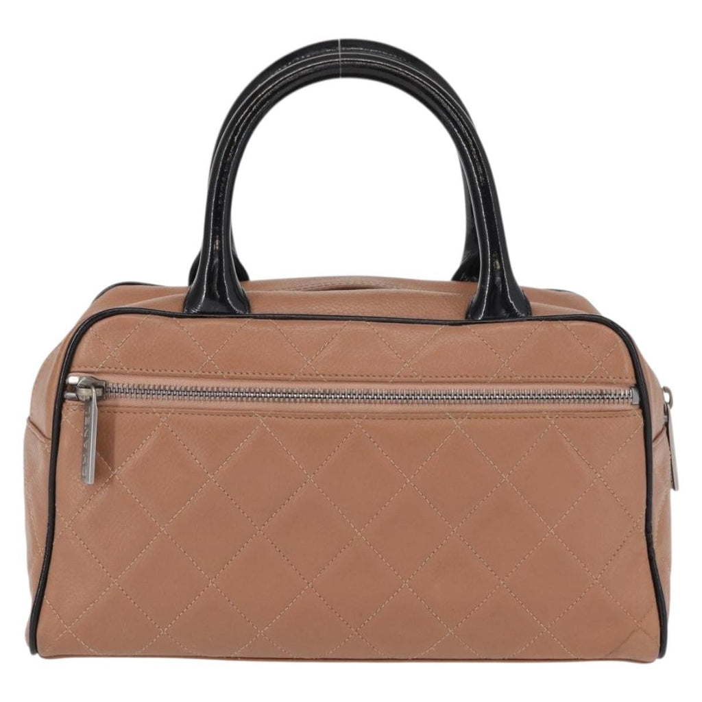 Chanel Embossed Logo Bowler Bag Quilted Caviar Beige Leather Handbag