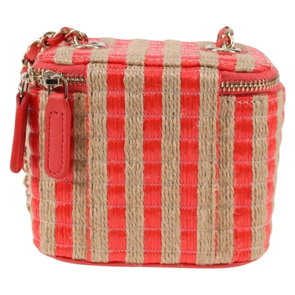Chanel Classic Vanity Case With Chain Striped Raffia And Jute Red Canvas Shoulder Bag Bag