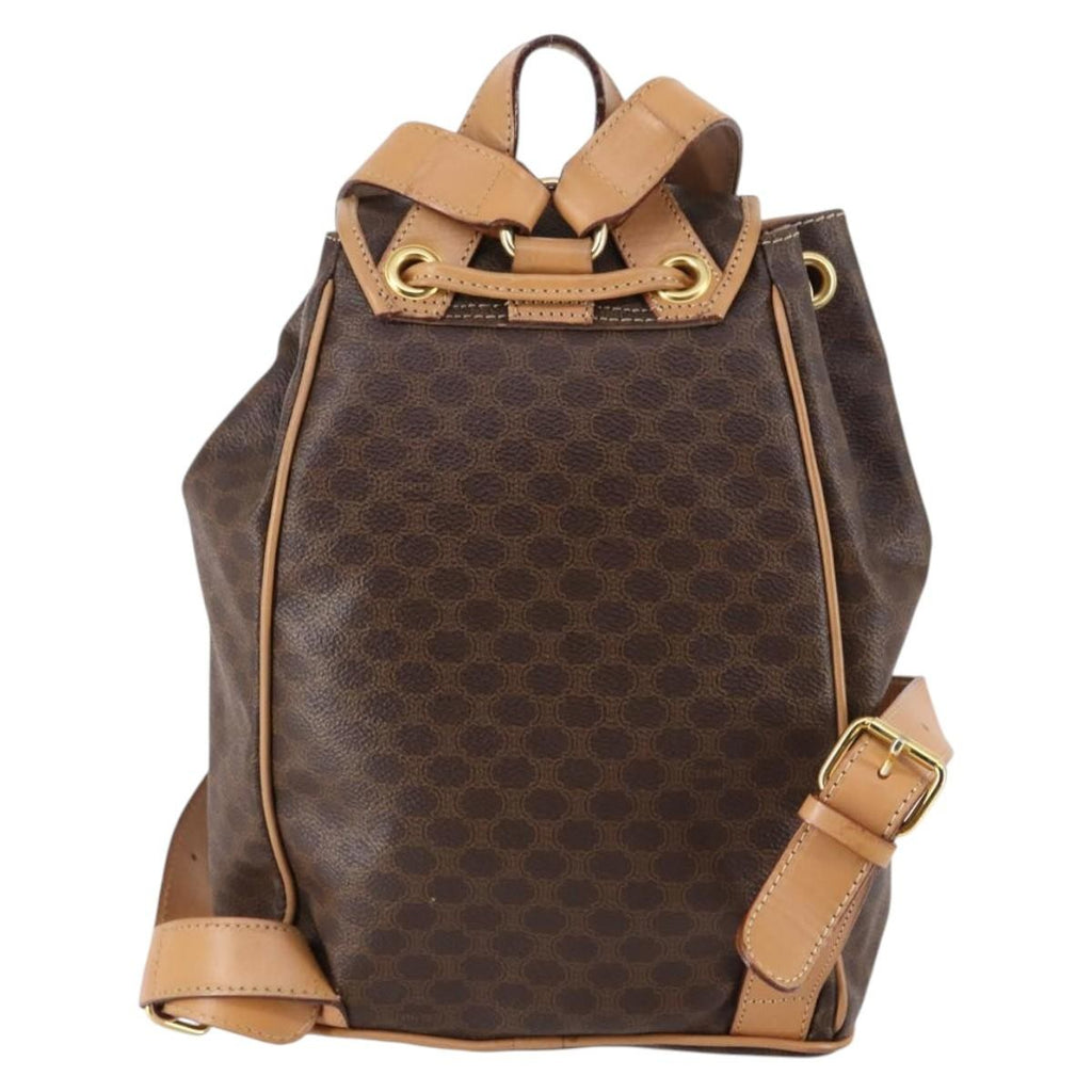 Celine Vintage Drawstring Flap Backpack Macadam Coated Canvas Brown Canvas Backpack Bag