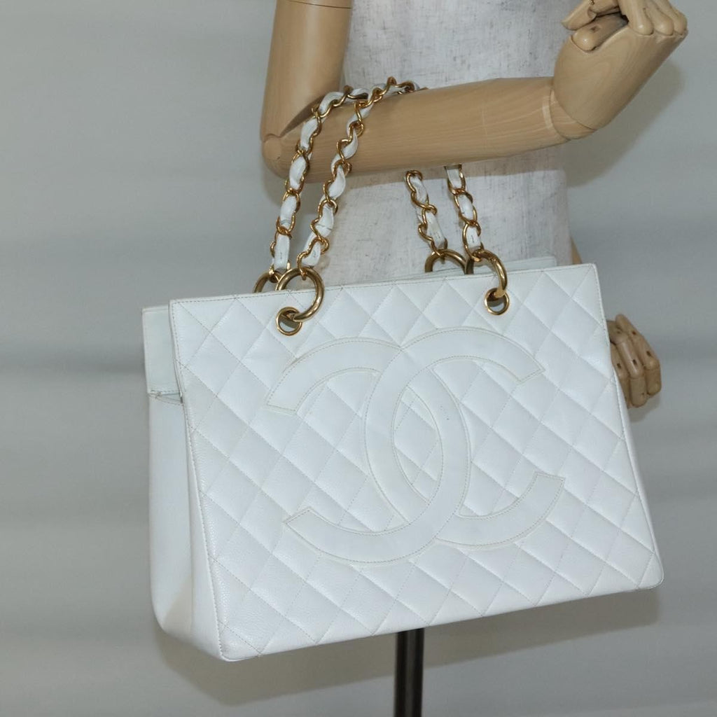 Chanel Vintage Grand Shopping Tote Quilted Caviar White Leather Bag