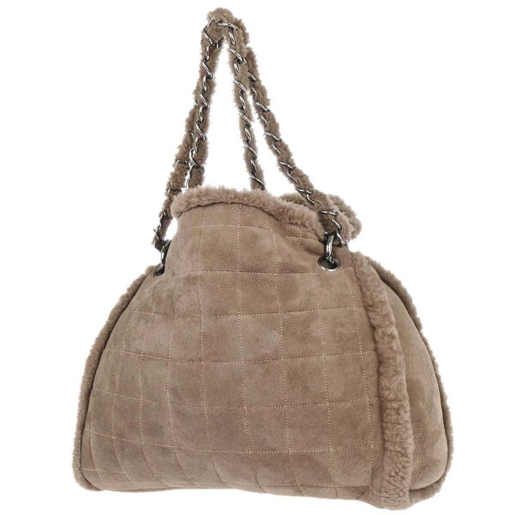 Chanel Vintage Embroidered Cc Chain Tote Quilted Suede And Shearling Brown Suede Tote Bag Bag