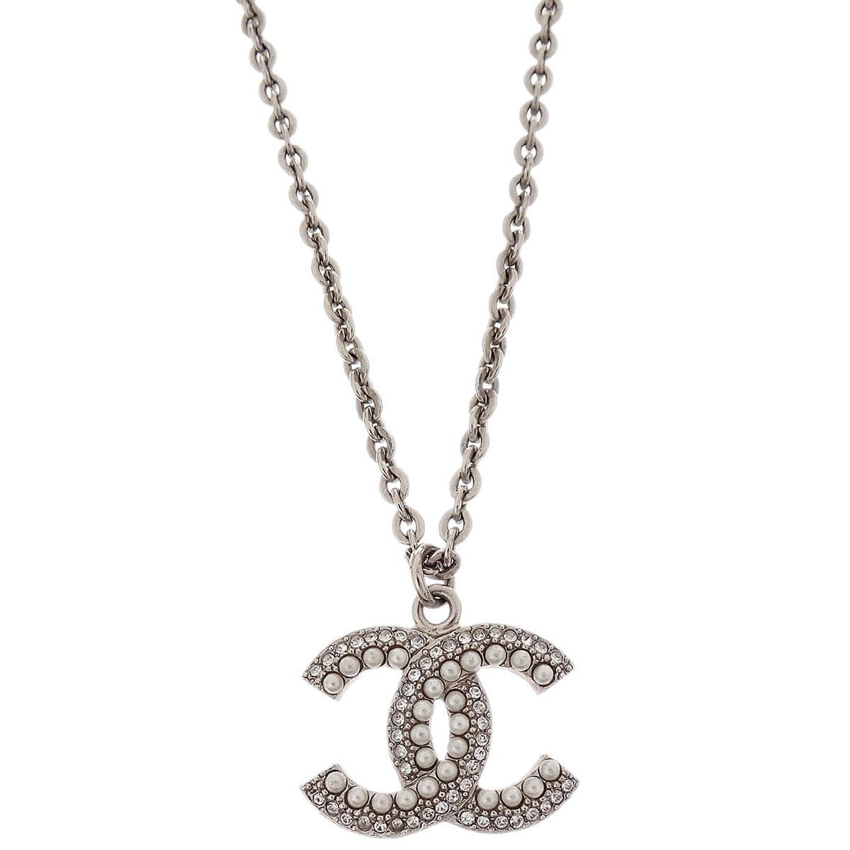 Chanel Cc Chain Necklace Metal With Faux Pearls Silver Mesh Necklace Jewelry