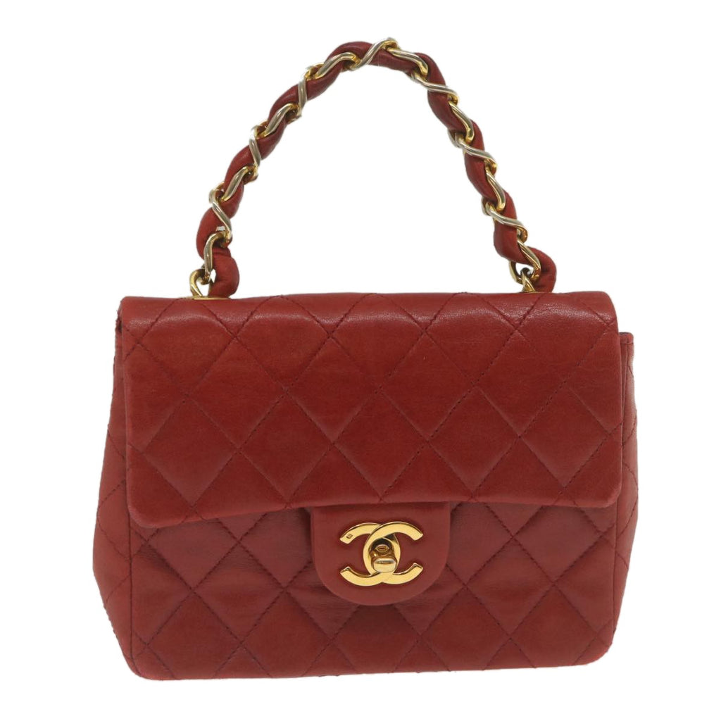 Chanel Vintage Square Chain Handle Flap Bag Quilted Lambskin Red Leather Handbag