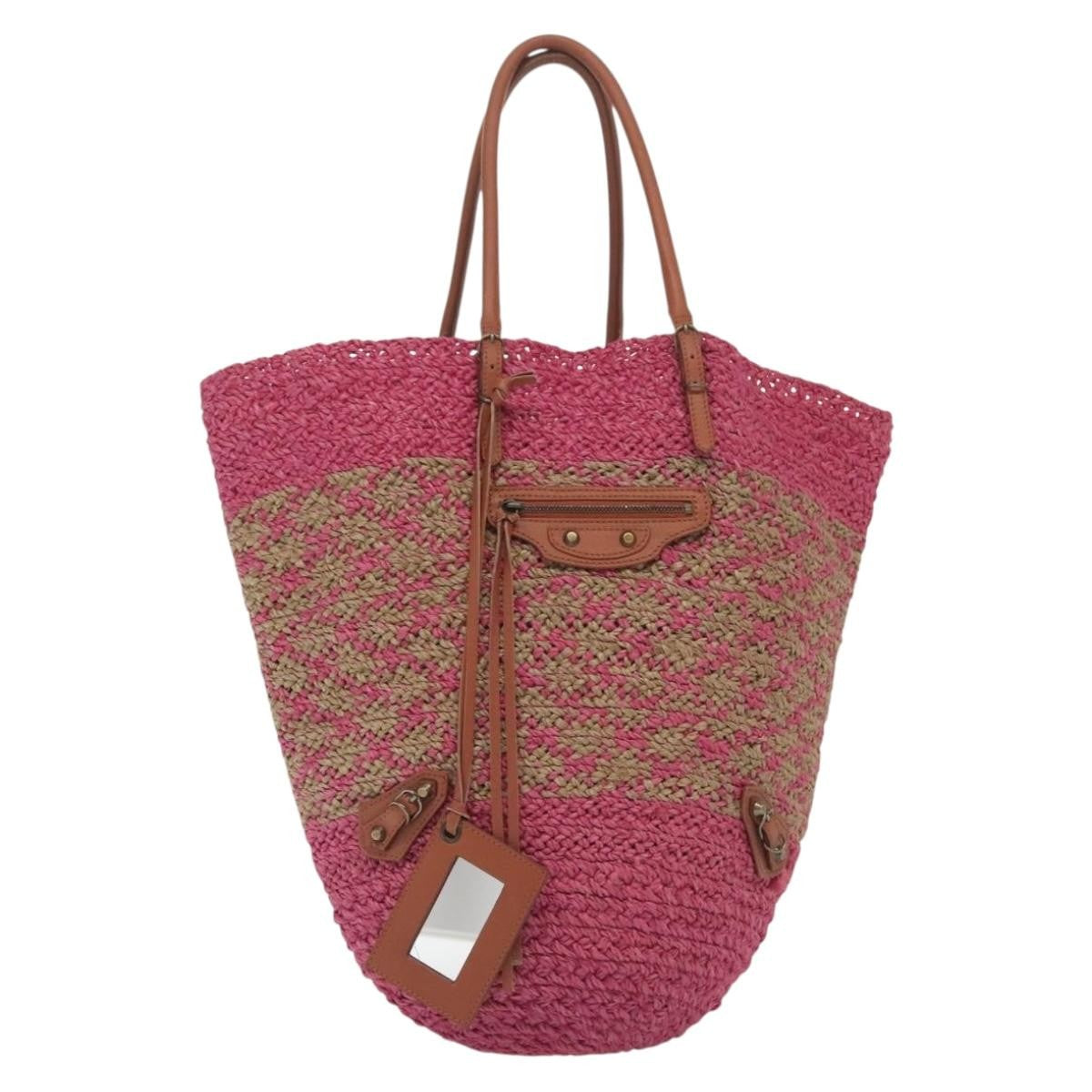 Balenciaga Panier Basket Tote Woven Raffia Pink Wood Tote Bag