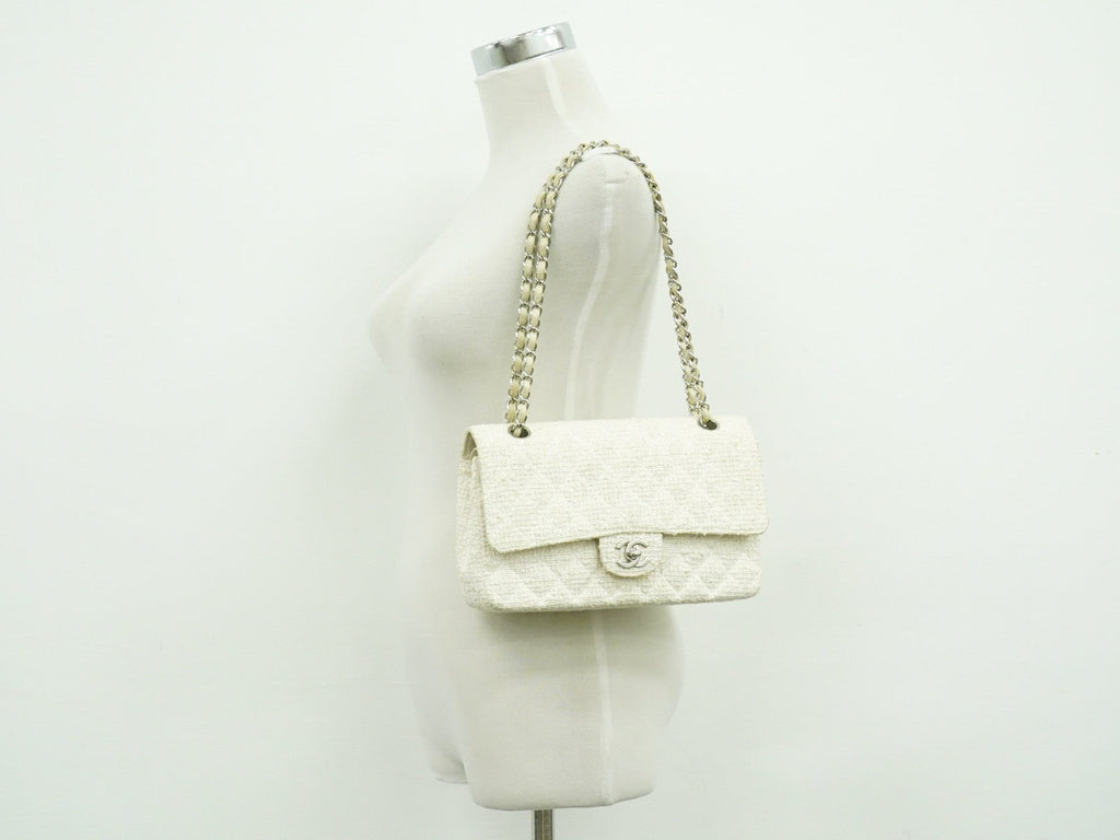Chanel Timeless - Classic Double Flap Bag Quilted Tweed White Tweed Handbag
